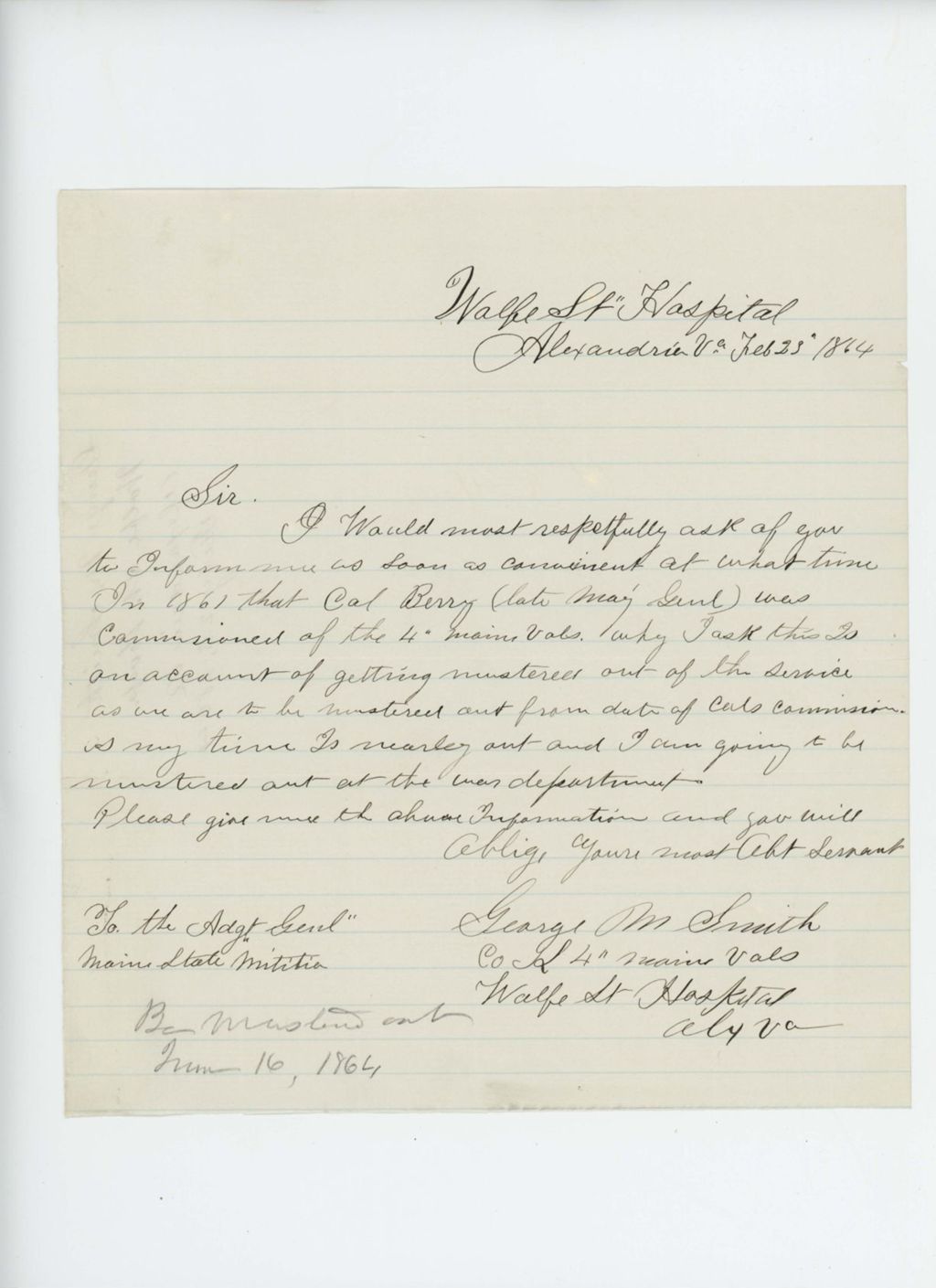 Miniature of George M. Smith requests date he is to be mustered out