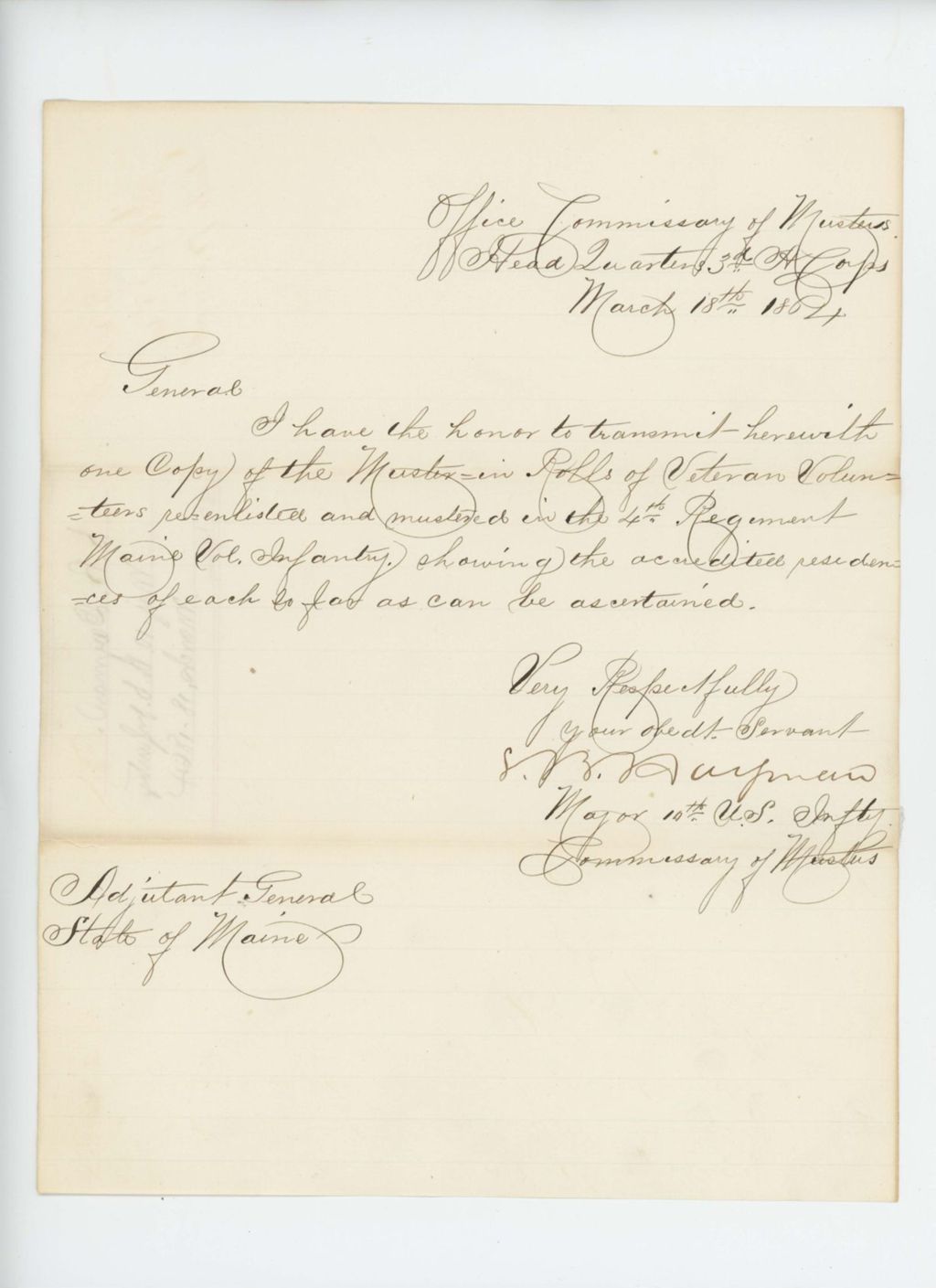 Miniature of Major S. Dayman of the 10th US Infantry forwards a copy of the muster-in rolls of veteran volunteers