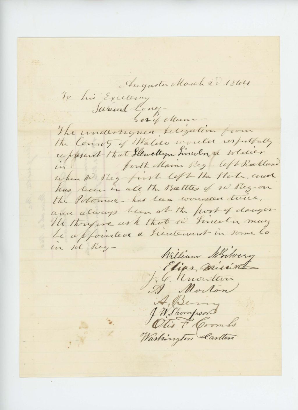 Miniature of William McGilvery and other citizens of Waldo County request promotion of Llewellyn Lincoln