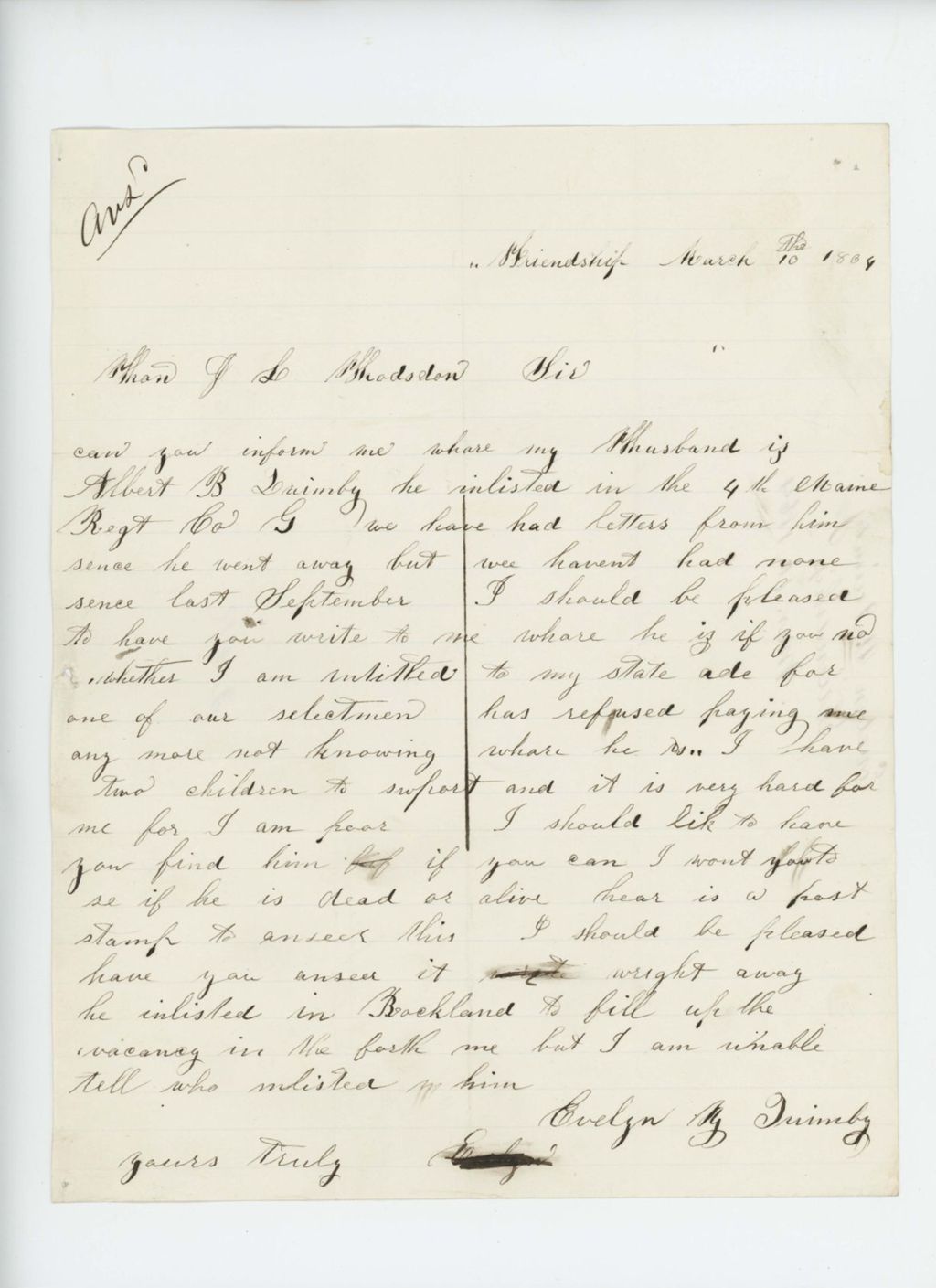Miniature of Evelyn Quimby requests information about her husband Albert