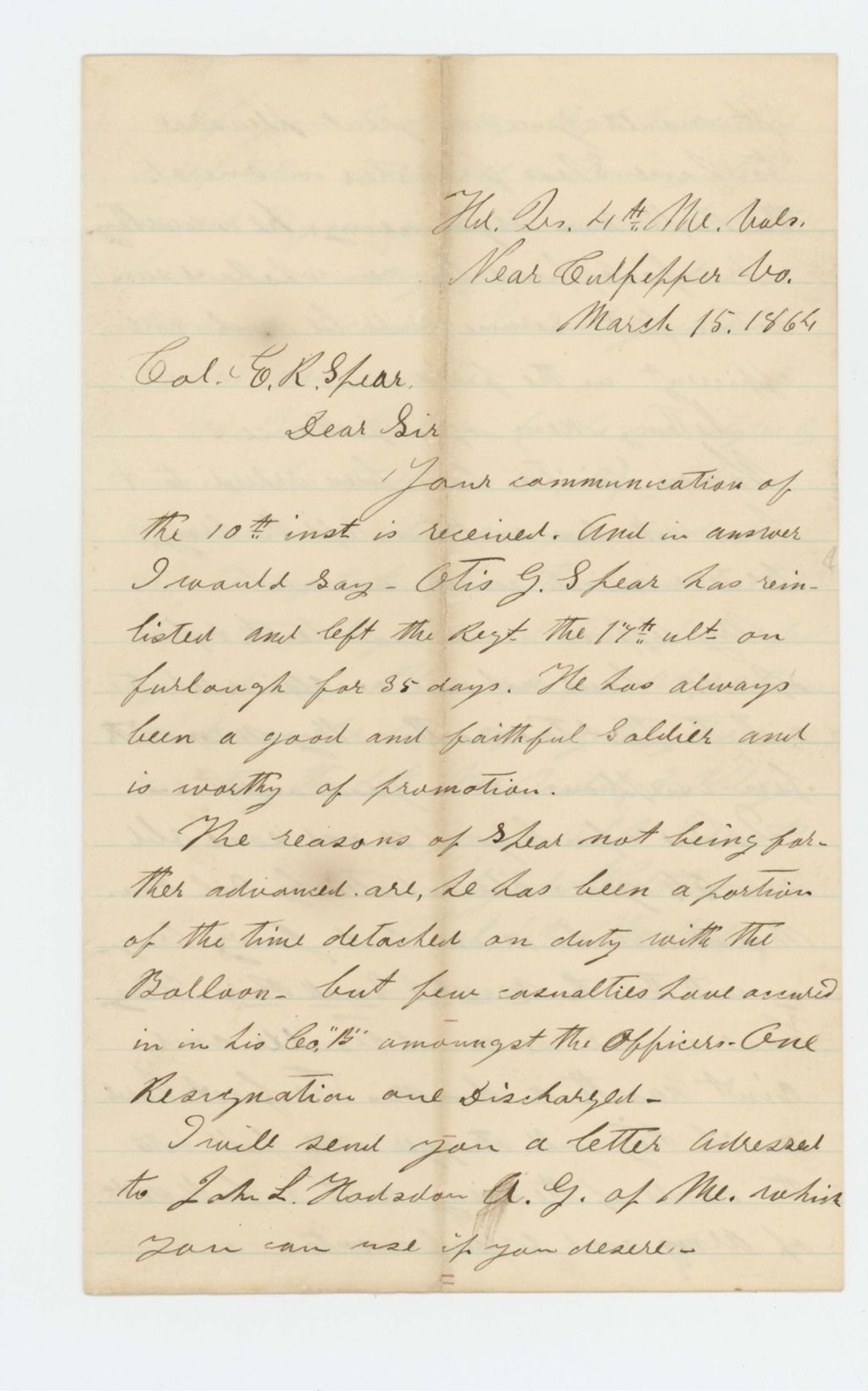Miniature of Colonel Elijah Walker explains his recommendation of Otis Spear to Colonel E.R. Spear
