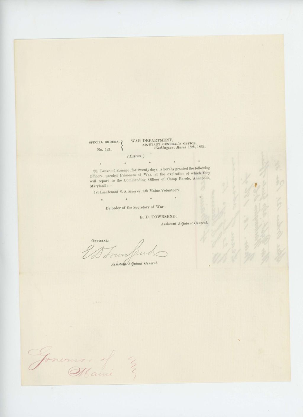 Miniature of Special Order 121 granting a furlough of 20 days for paroled prisoner of war Lieutenant Solomon S. Stearns