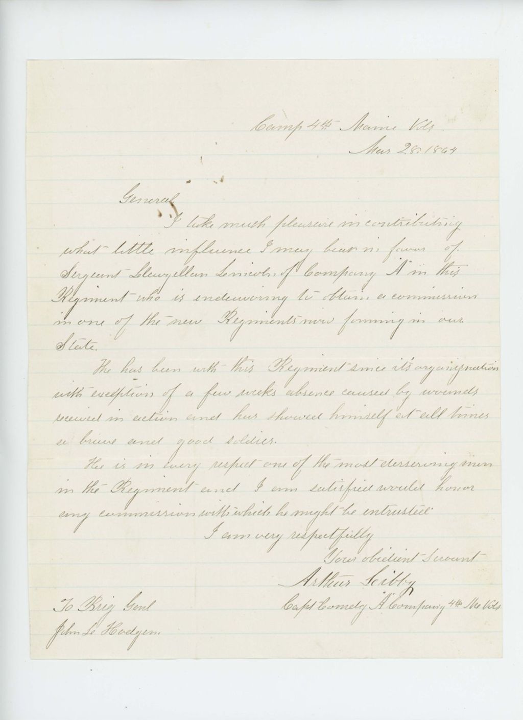 Miniature of Captain Arthur Libby of Company A recommends Sergeant Llewellyn Lincoln for promotion to a new regiment