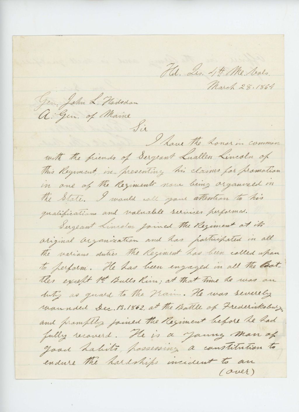 Miniature of Colonel Elijah Walker recommends Sergeant Lincoln for promotion