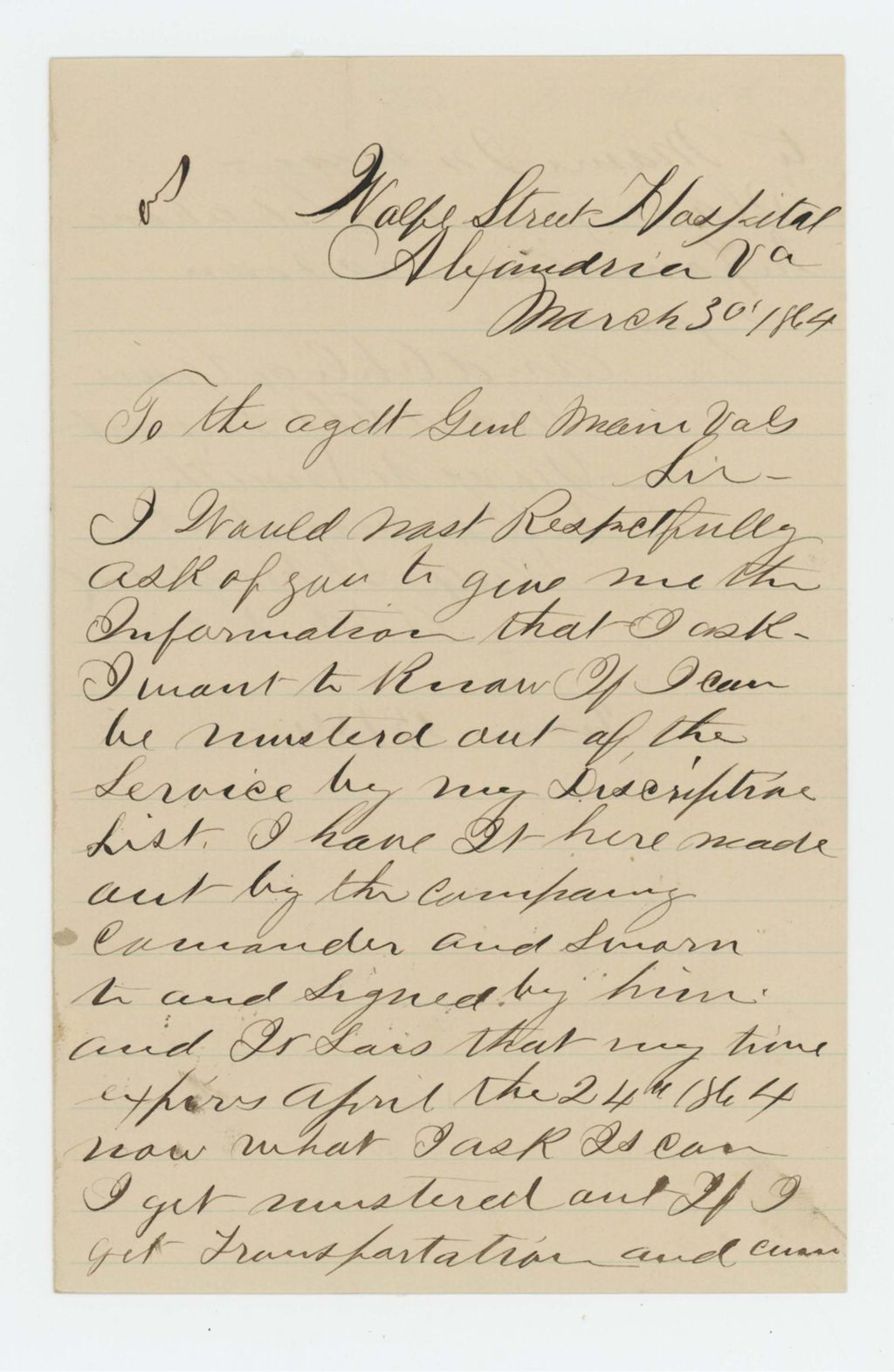 Miniature of George Smith of Company K requests to be mustered out