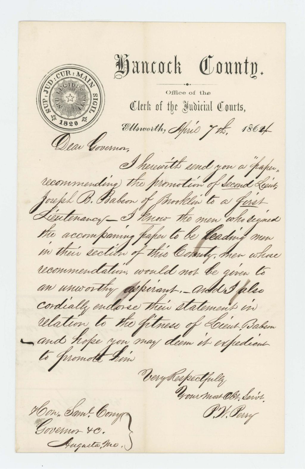 Miniature of W. Perry recommends promotion of Joseph Babson of Brooklin