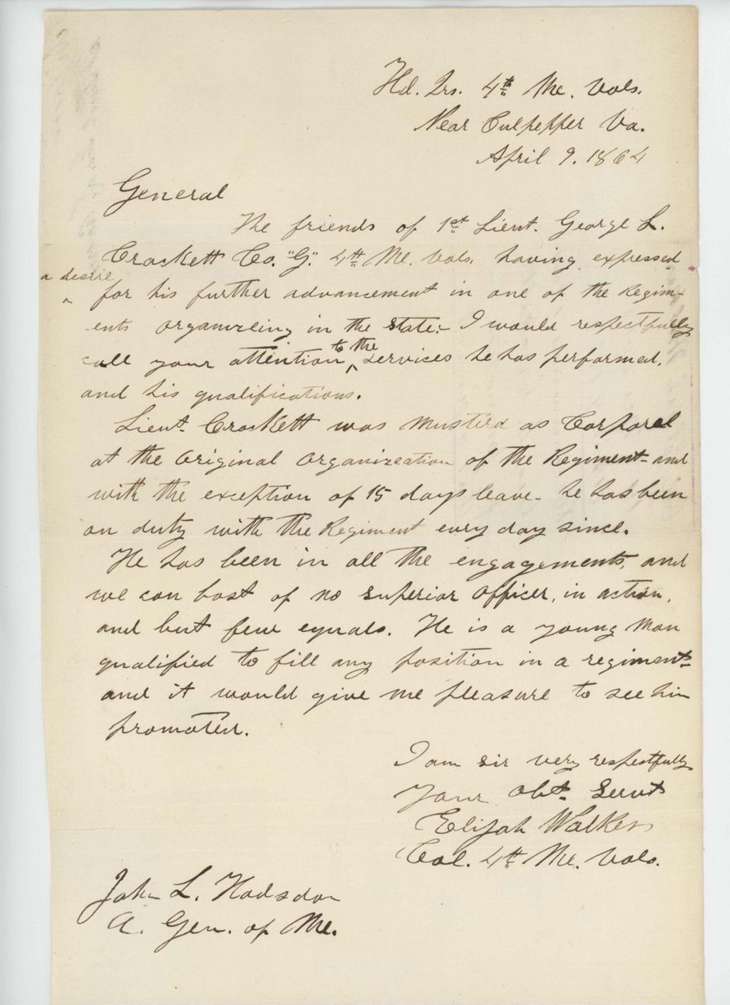 Miniature of Colonel Elijah Walker recommends George L. Crockett for promotion