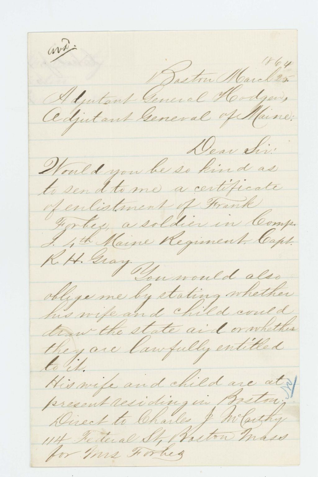 Miniature of Charles J. McCarthy requests a certificate of enlistment for Frank Forbes