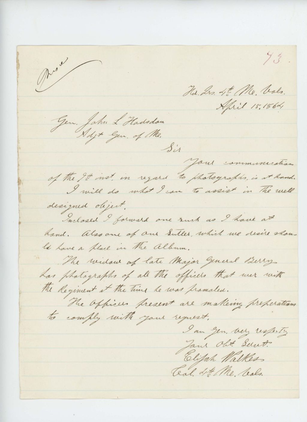 Miniature of Colonel Walker writes General Hodsdon regarding his request for photographs of officers
