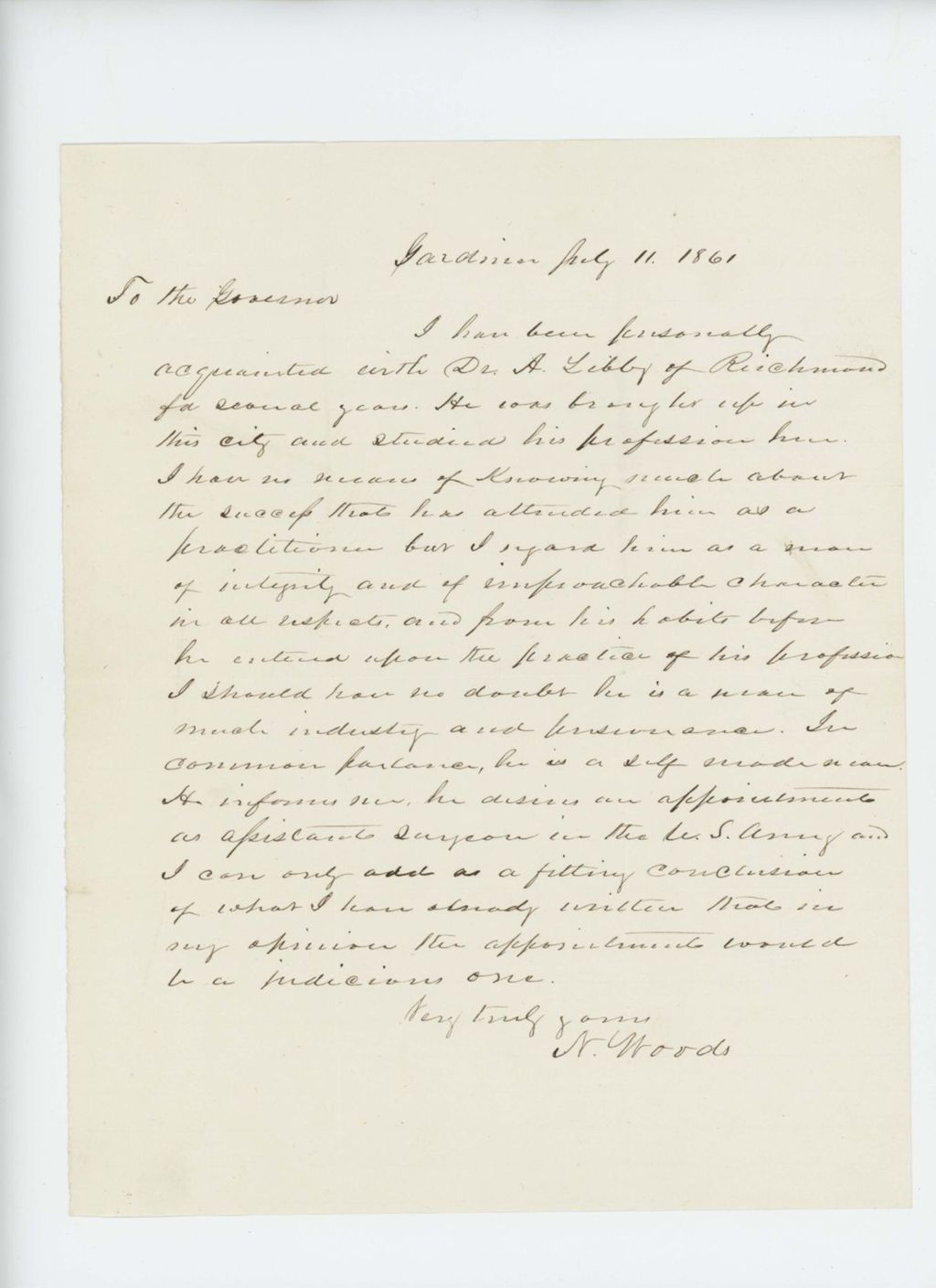 Miniature of N. Woods recommends Dr. A. Libby of Richmond for appointment as assistant surgeon