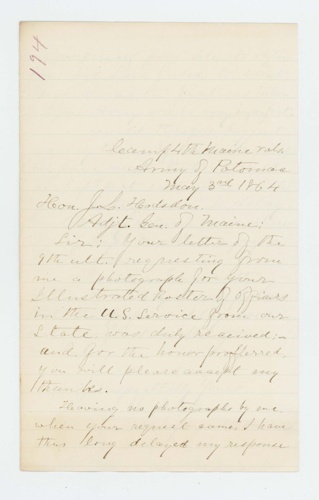 Miniature of Chaplain B.A. Chase will provide a photograph for General Hodsdon's Illustrated Roster of Officers when he returns home