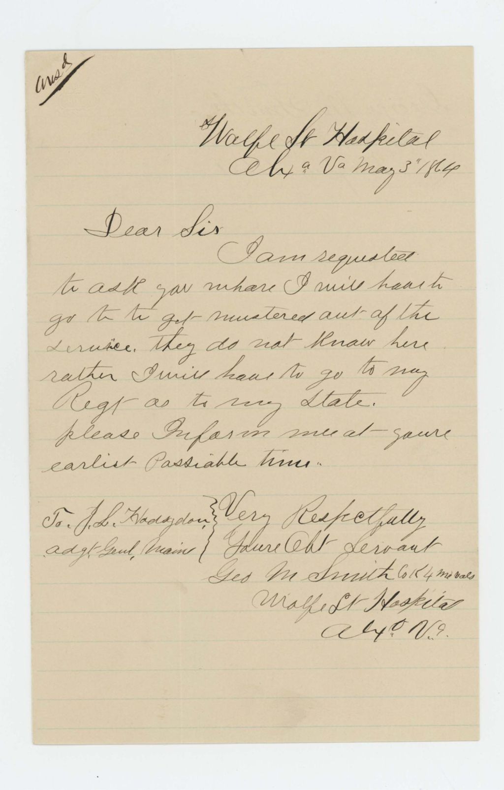 Miniature of George M. Smith of Company K inquires about his muster-out location