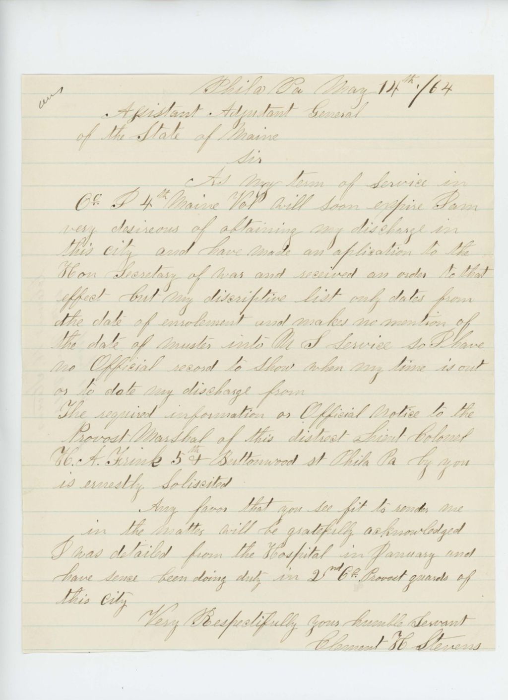 Miniature of Clement H. Stevens requests his date of muster in order to be discharged