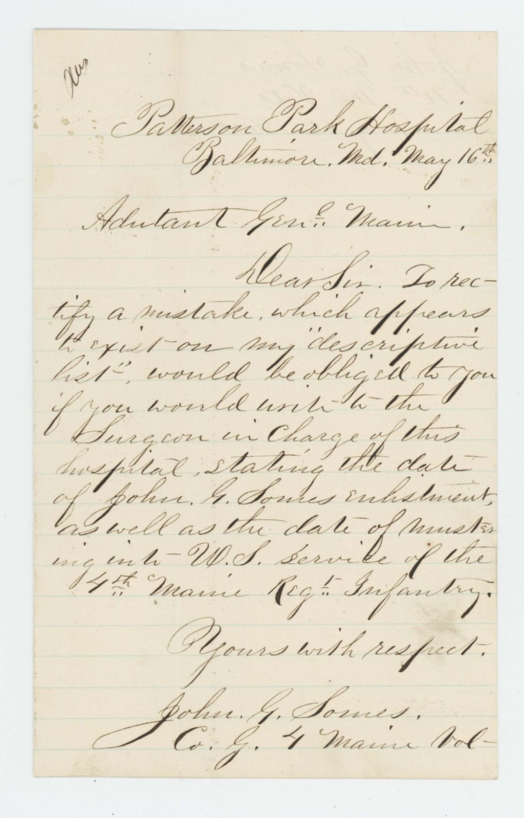 Miniature of John G. Somes requests correction to his descriptive list