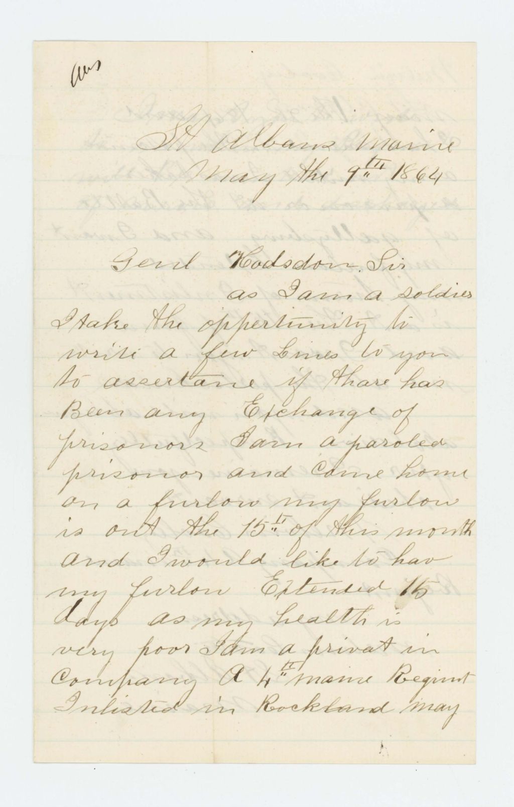 Miniature of Melvin Cooley requests that his furlough be extended on account of poor health