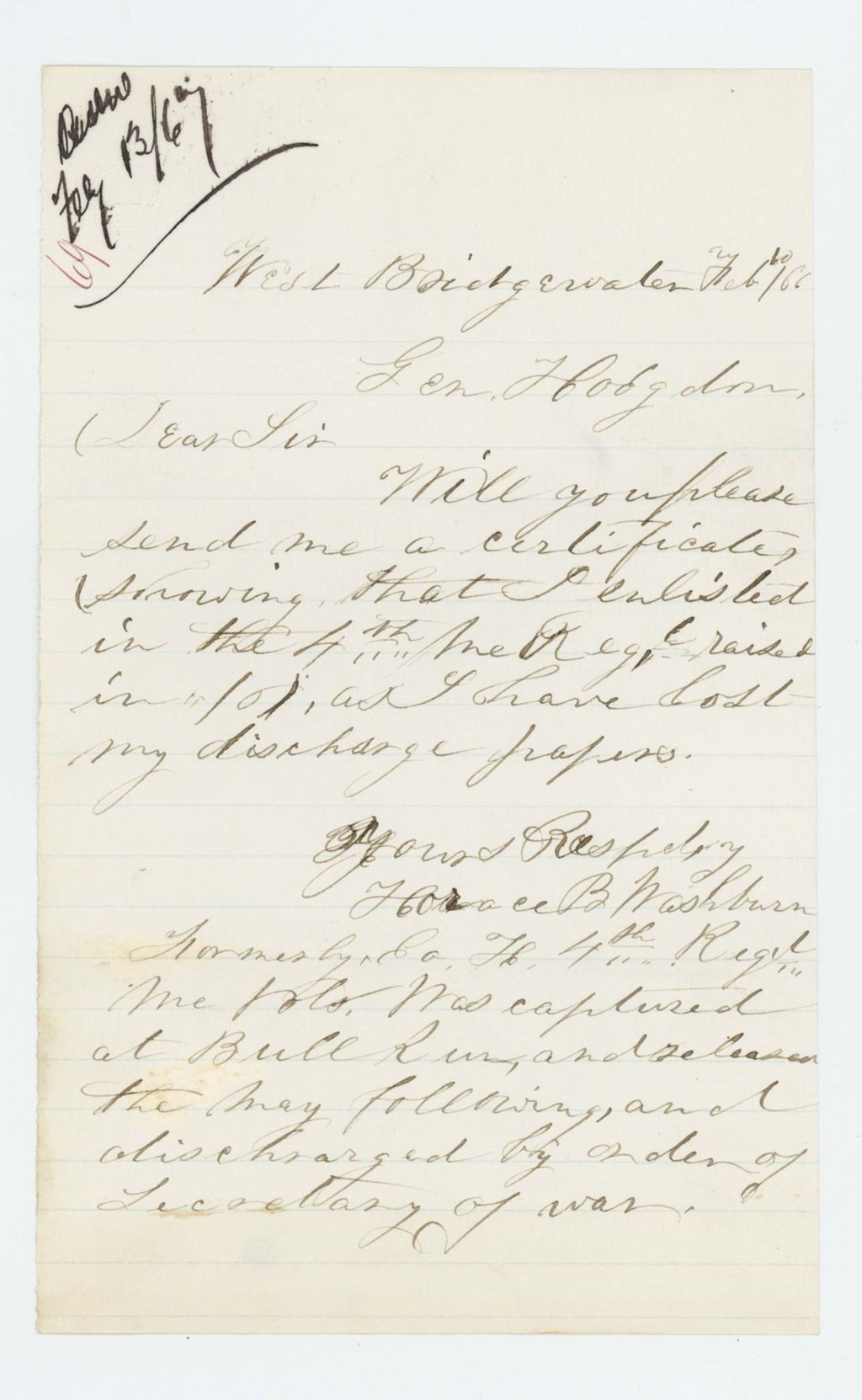 Miniature of Horace B. Washburn requests his enlistment certificate
