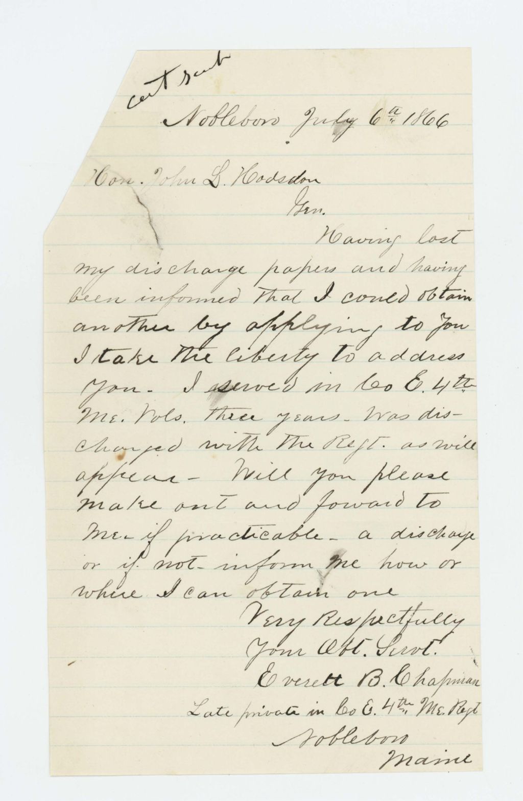 Miniature of Everett B. Chapman of Company E requests a copy of his discharge papers