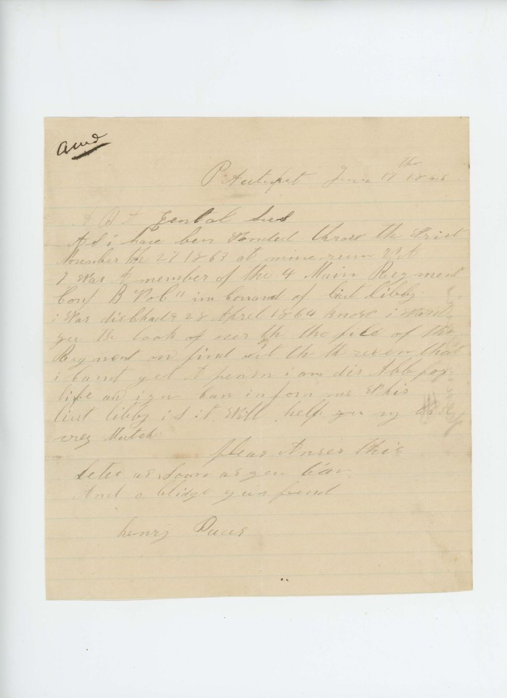 Miniature of Henry Davis requests aid, having been wounded at Mine Run