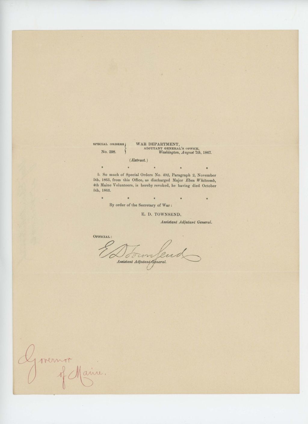 Miniature of Special Order 398 revoking discharge of Major Eben Whitcomb, who died in service