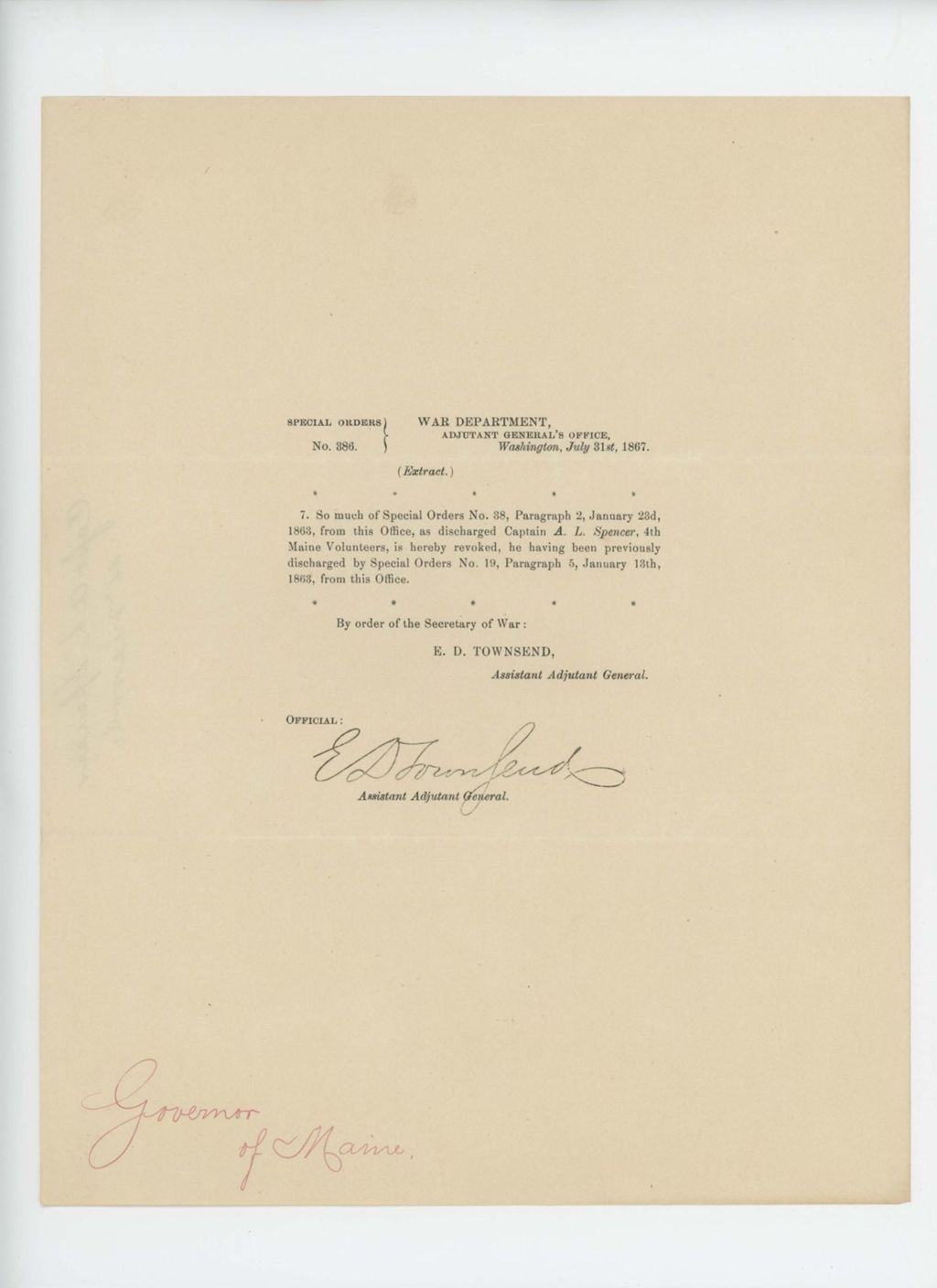 Miniature of Special Order 386 revoking duplicate discharge of Captain A. L. Spencer