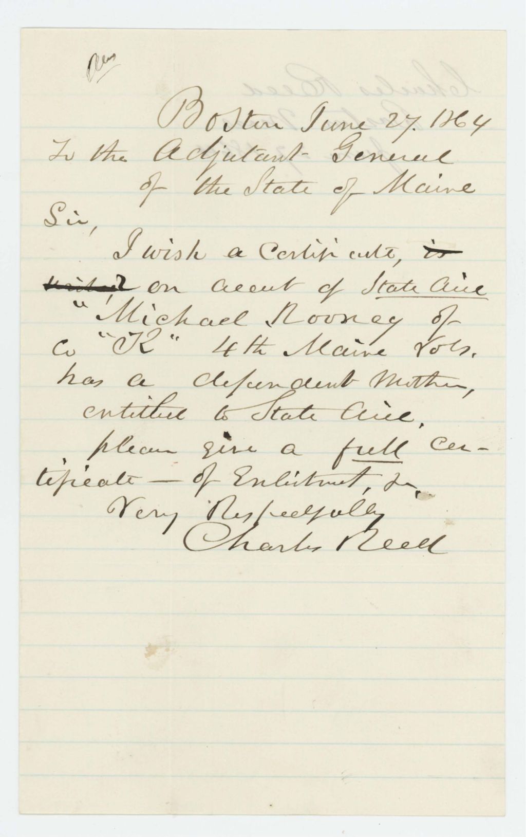 Miniature of Charles Reed requests state aid for the mother of Michael Rooney of Company K