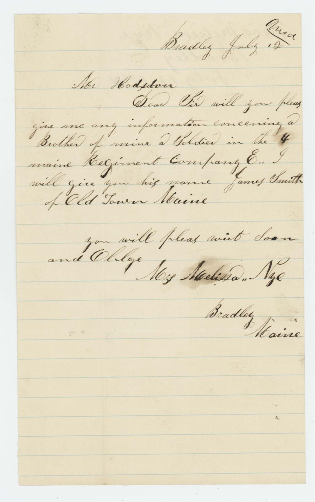 Miniature of Mrs. Melissa Nye requests information about her brother James Smith of Company E