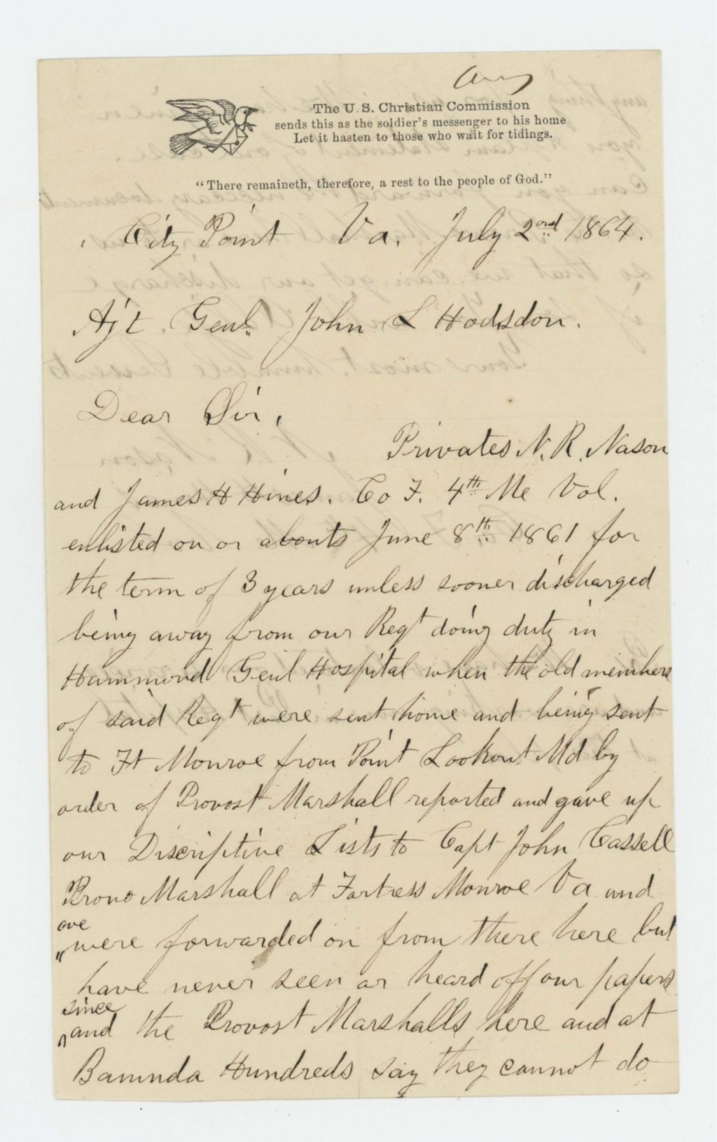 Miniature of Privates N.R. Nason [Nelson] and James H. Hines of Company F requests papers for discharge
