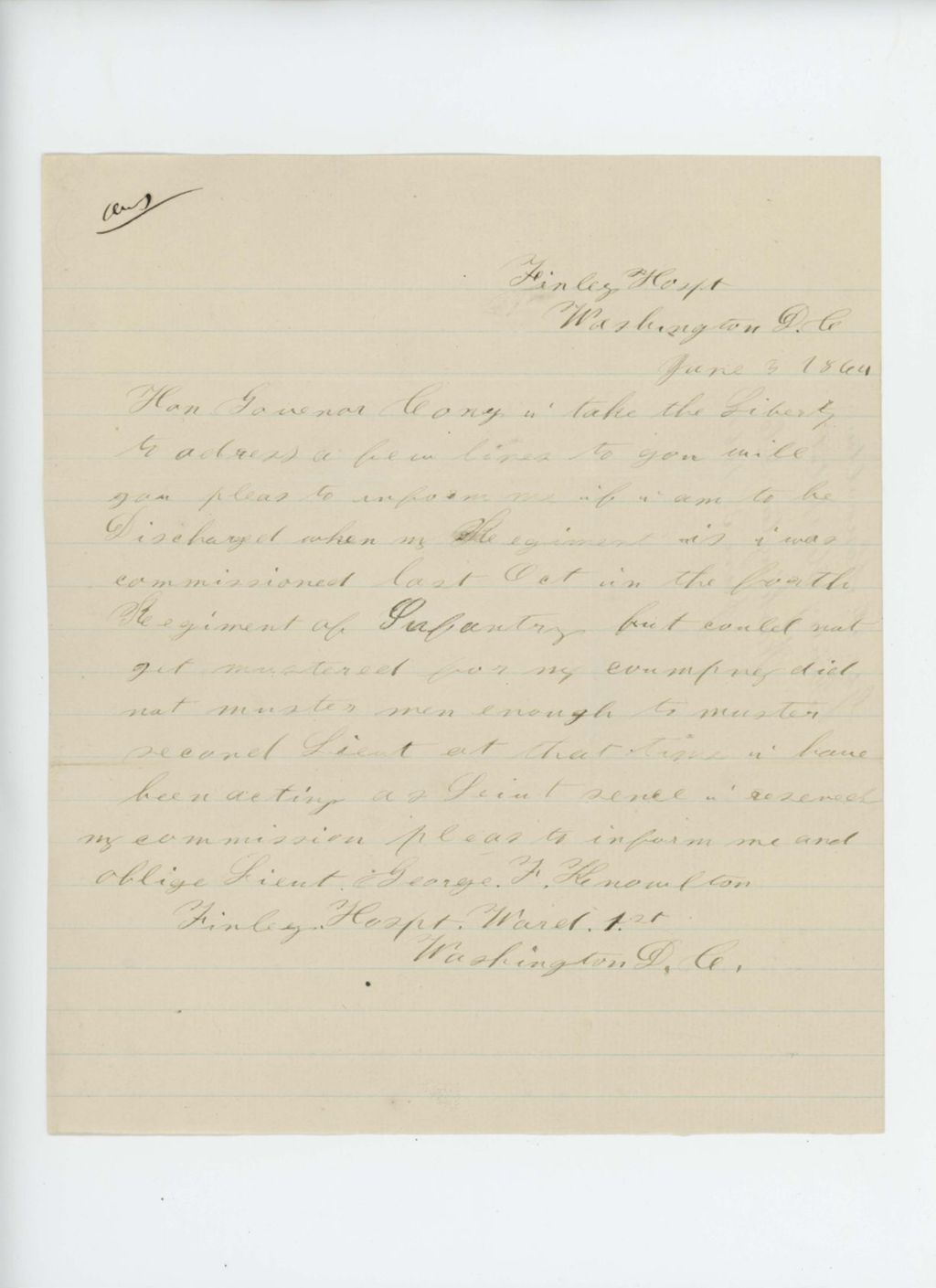 Miniature of Lieutenant George Knowlton inquires about his discharge date