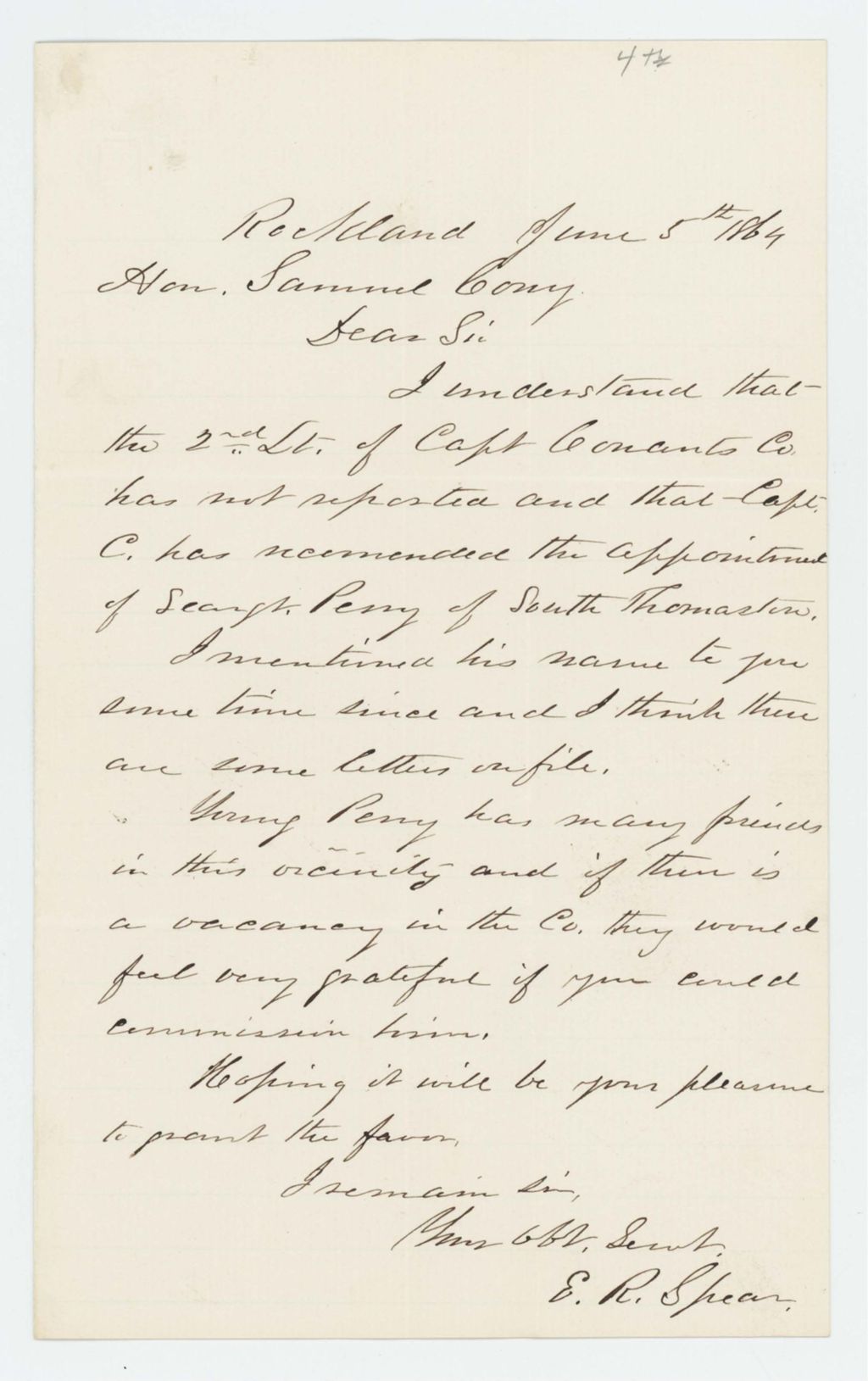 Miniature of E.R. Spear recommends Sergeant Perry for appointment