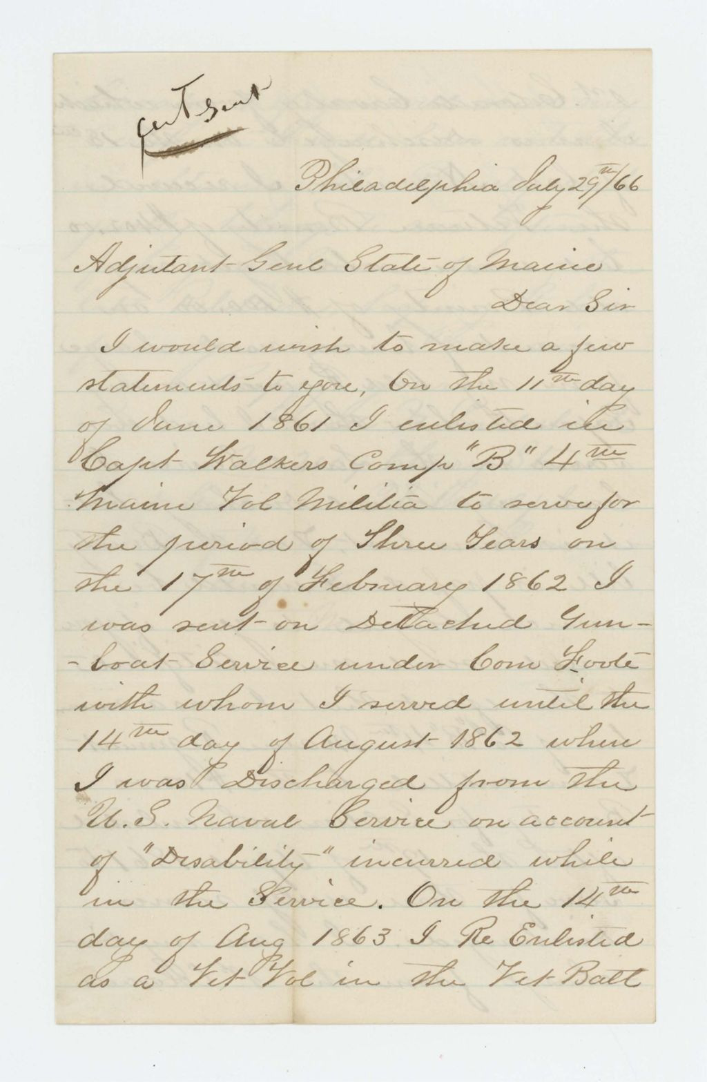 Miniature of David Louderback requests his discharge certificate in order to obtain his bounty