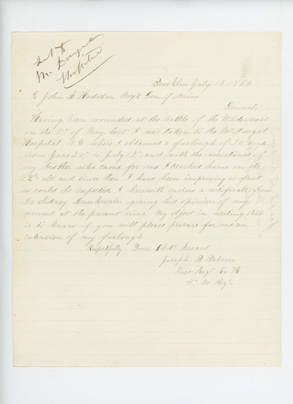 Miniature of Sergeant Joseph B. Babson of Company H requests an extension of his furlough