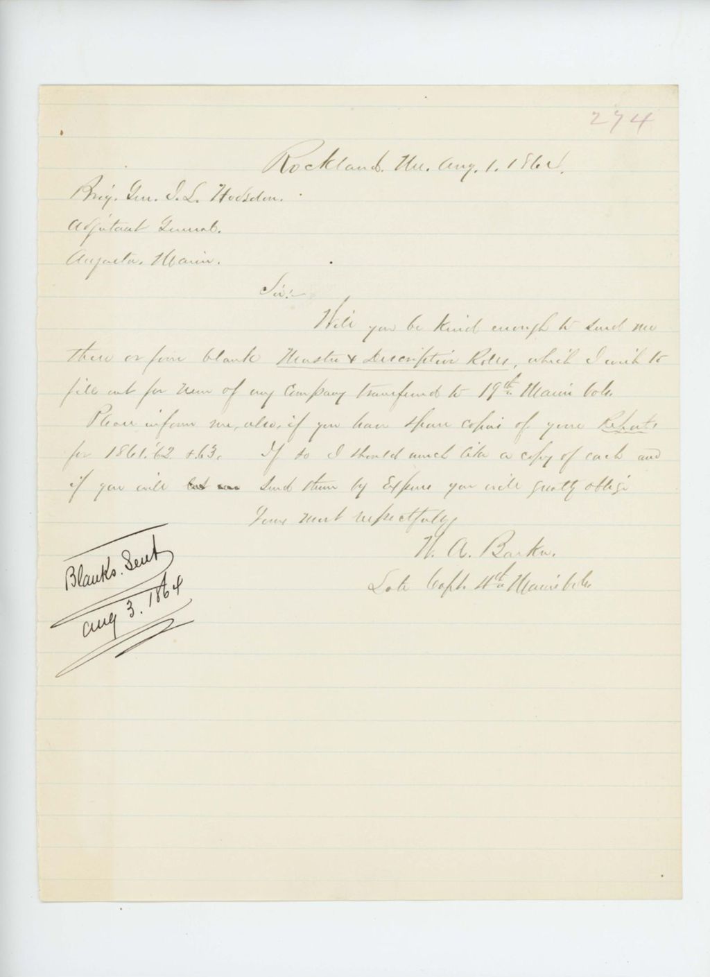 Miniature of W.A. Barker requests blank muster and descriptive rolls for men of his company transferred to the 19th Maine