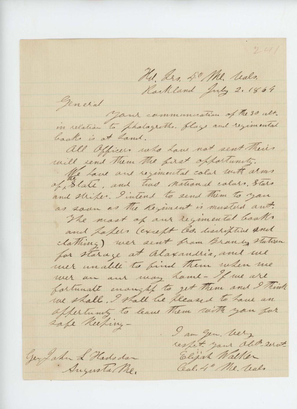 Miniature of Colonel Elijah Walker acknowledges requests for regimental flags and papers