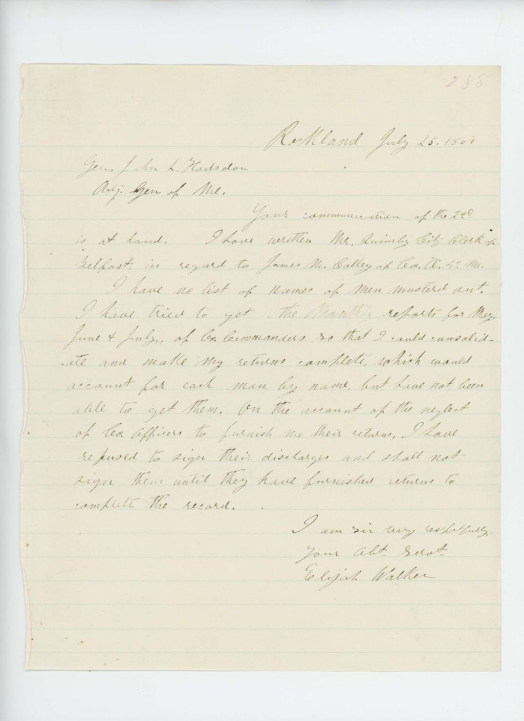 Miniature of Colonel Elijah Walker writes Adjutant General Hodsdon regarding monthly returns
