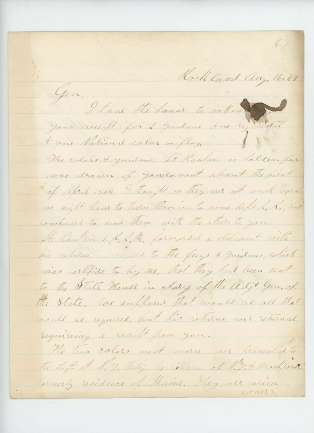 Miniature of Colonel Walker writes Adjutant General regarding regimental flags