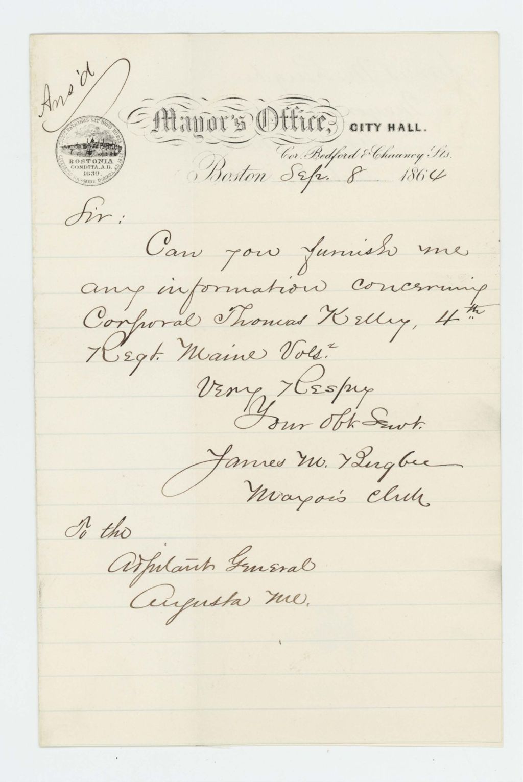 Miniature of Boston Mayor's Clerk requests information about Corporal Thomas Kelley