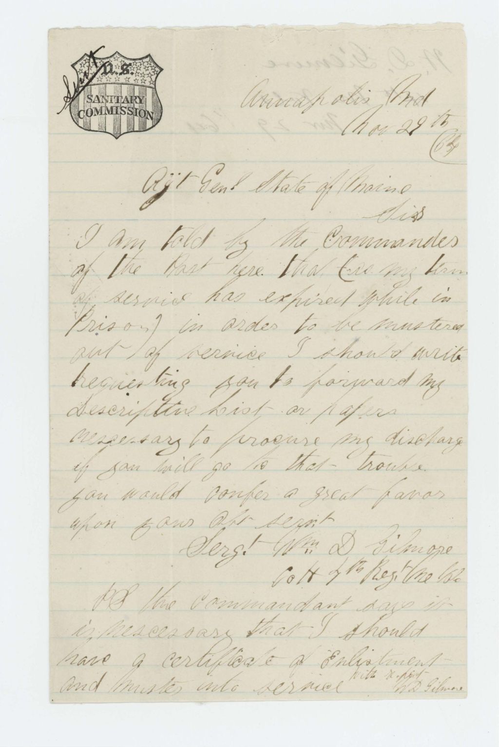 Miniature of Sergeant William D. Gilmore requests his descriptive list for discharge