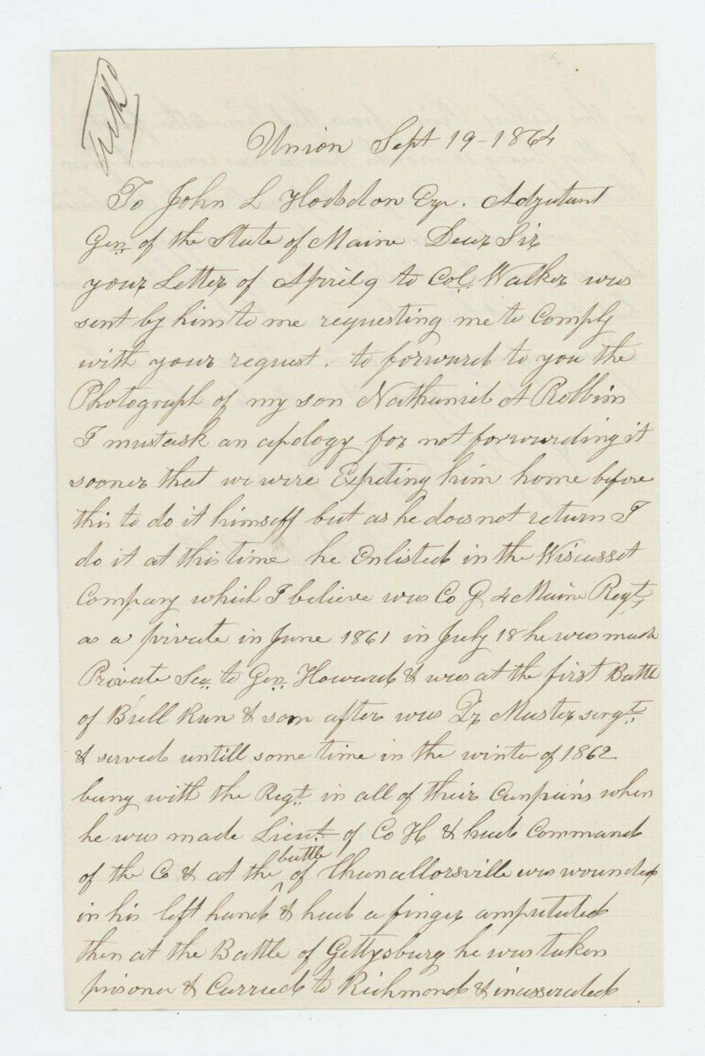 Miniature of Willard Robbins writes regarding a photograph of his son Nathaniel, a prisoner in Charleston, South Carolina