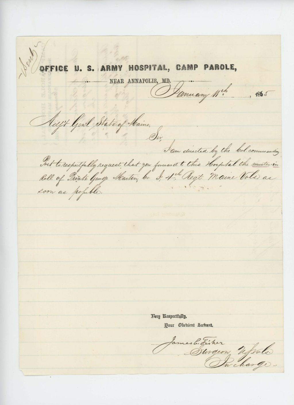 Miniature of Surgeon James Fisher requests the muster-in roll of Private George Martin