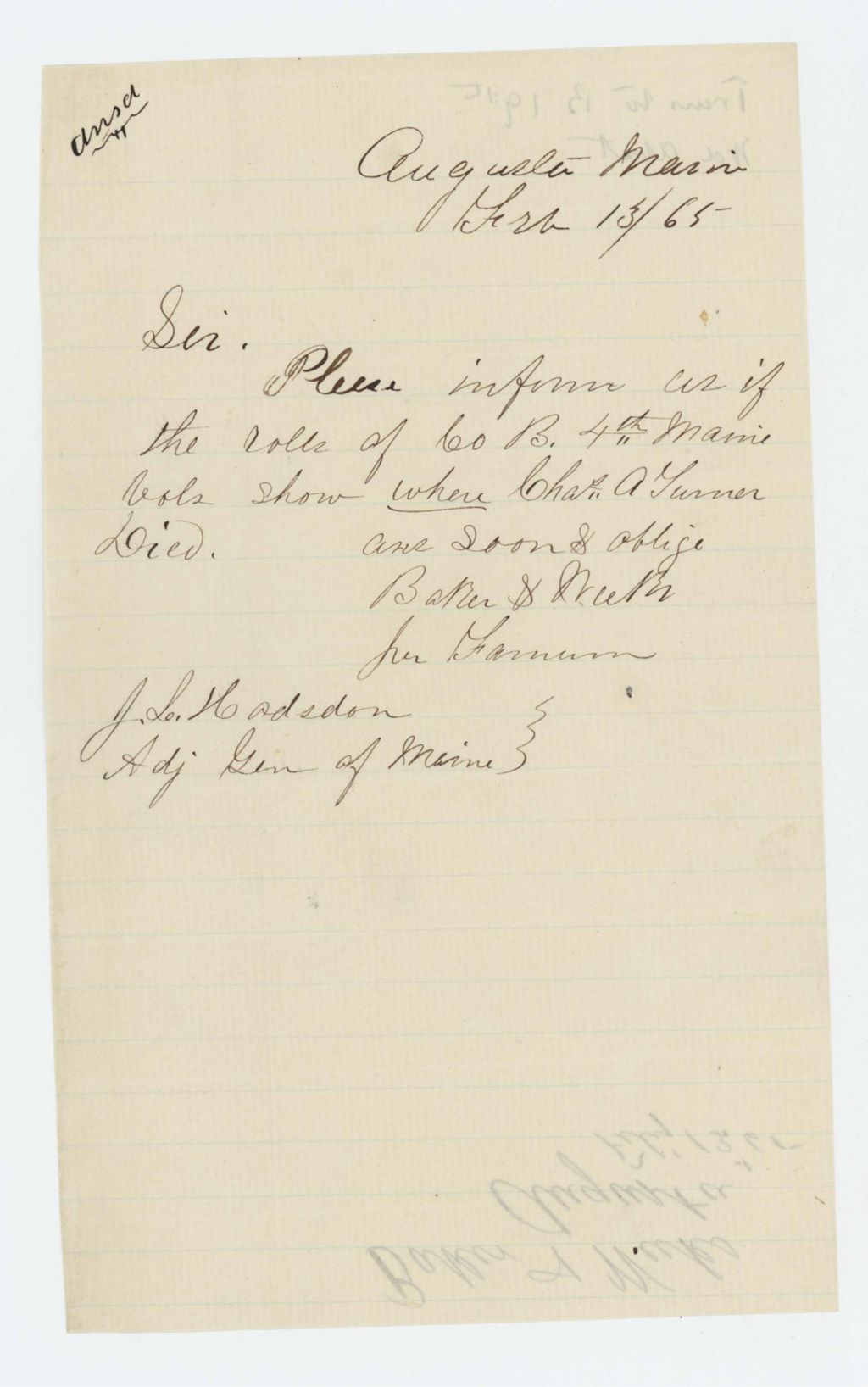 Miniature of Baker & Weeks request information on the death of Charles A. Turner