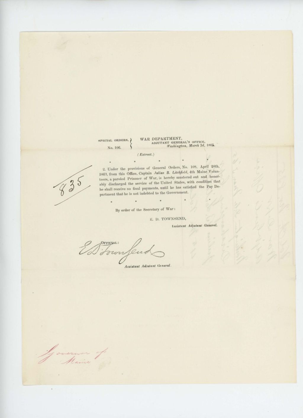 Miniature of Special Order 106 honorably discharging Captain Julius B. Litchfield