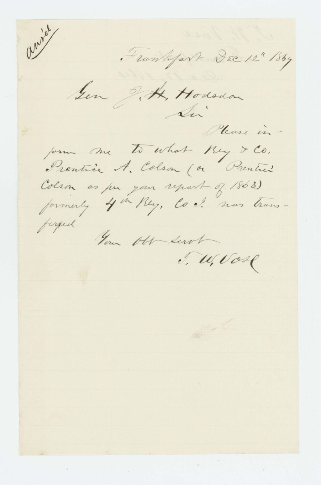 Miniature of T.W. Vose requests information about Prentice A. Colson of Company I
