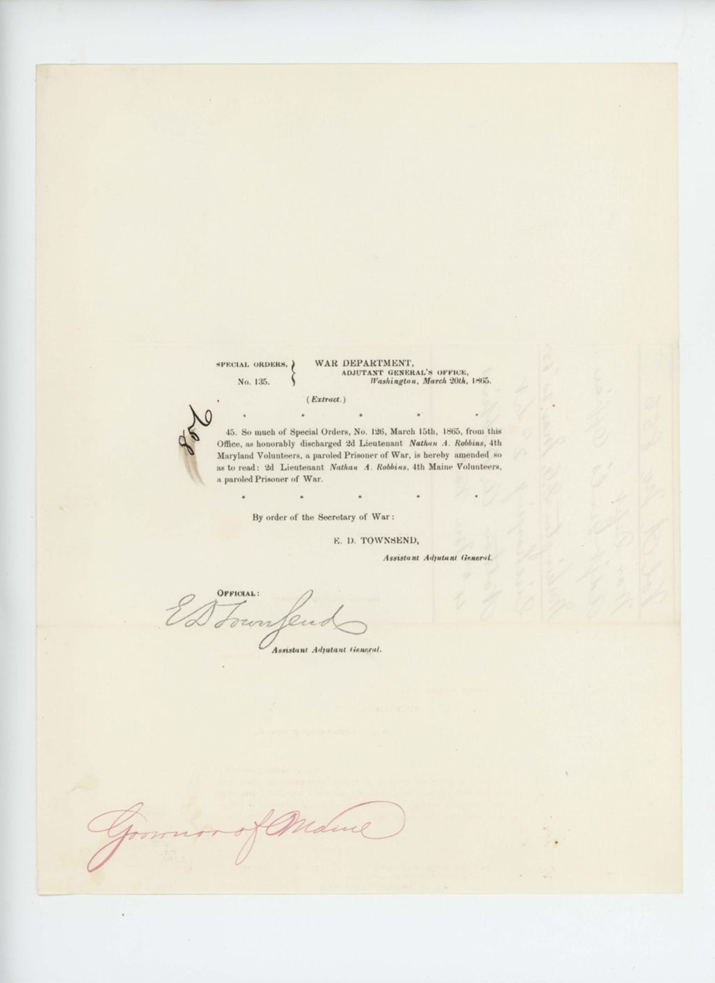 Miniature of Special Order 135 correcting an error in the honorable discharge of Nathan A. Robbins
