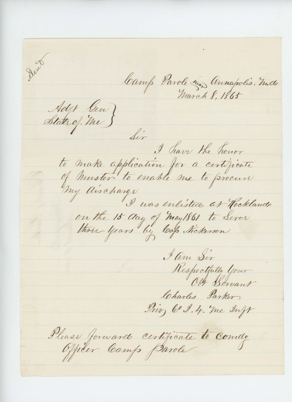 Miniature of Charles Parker of Company I requests his certificate of muster to obtain a discharge