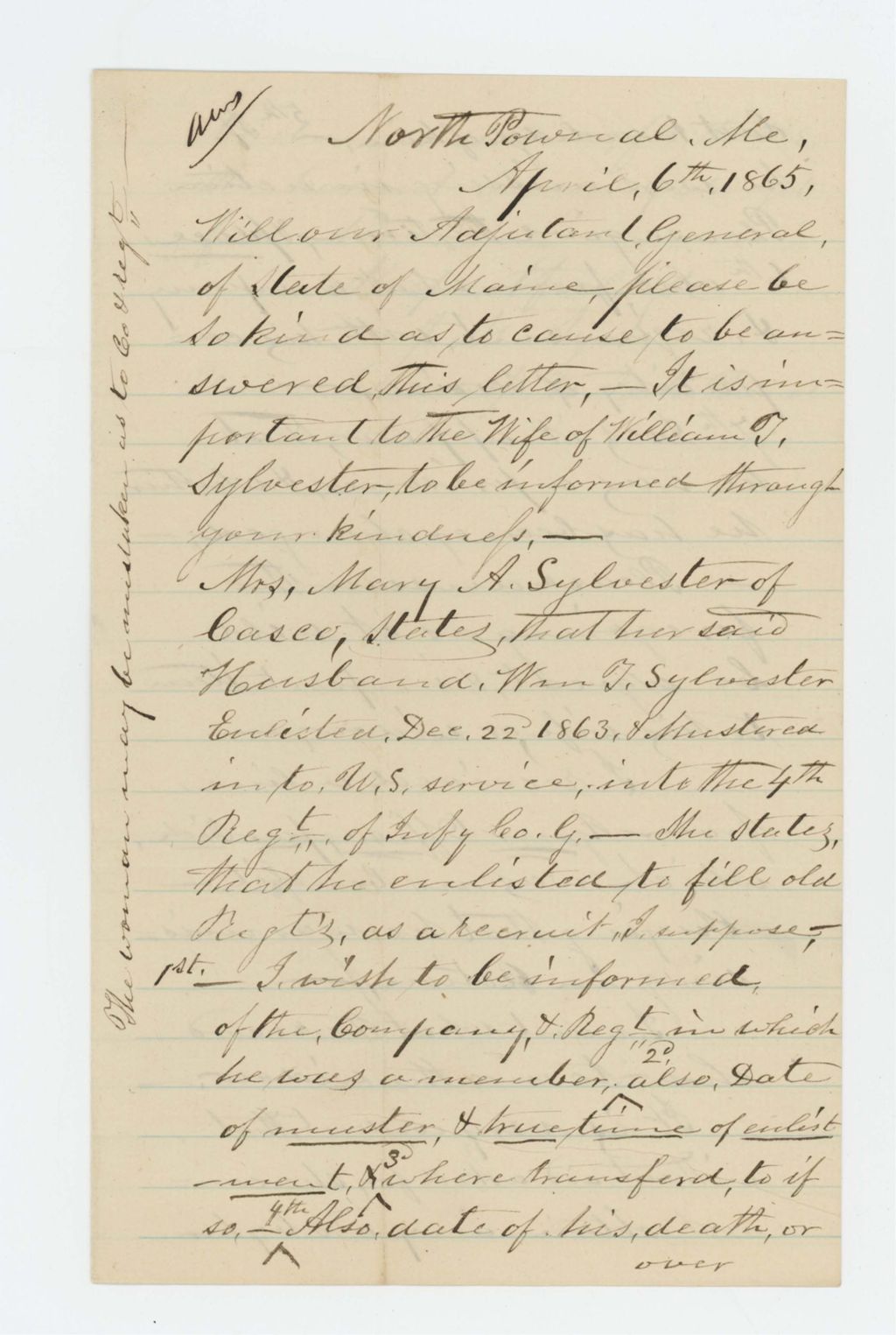 Miniature of J.M. Ayer requests information from Adjutant General Hodsdon about William T. Sylvester