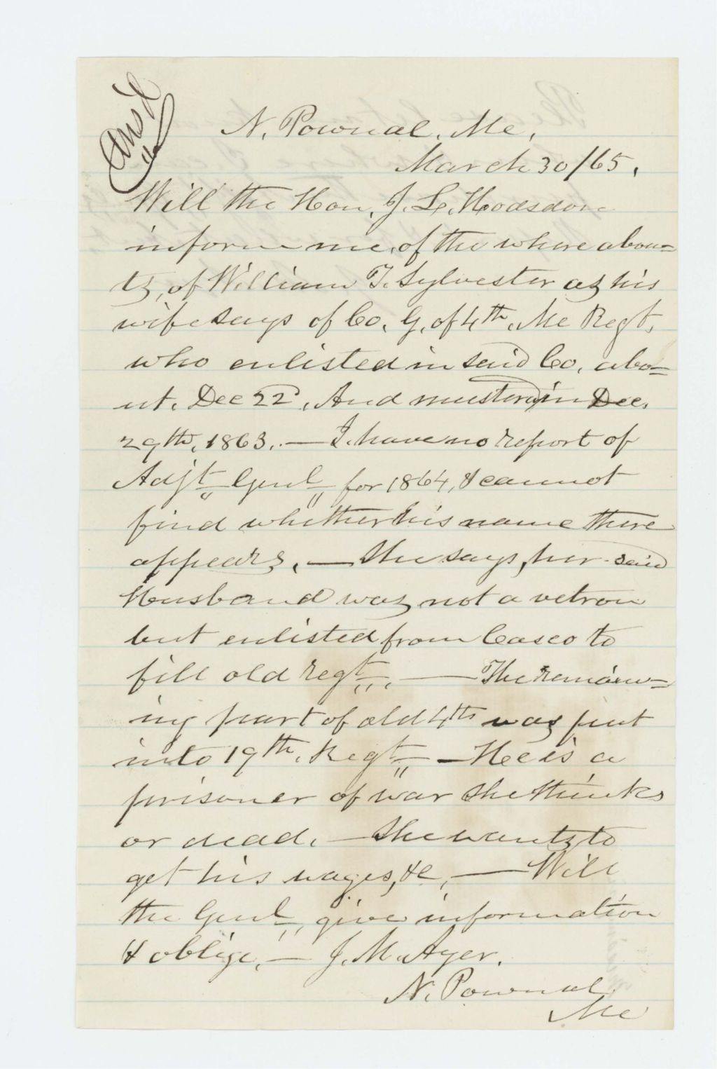 Miniature of J.M. Ayer seeks information on whereabouts of William Sylvester of Company G