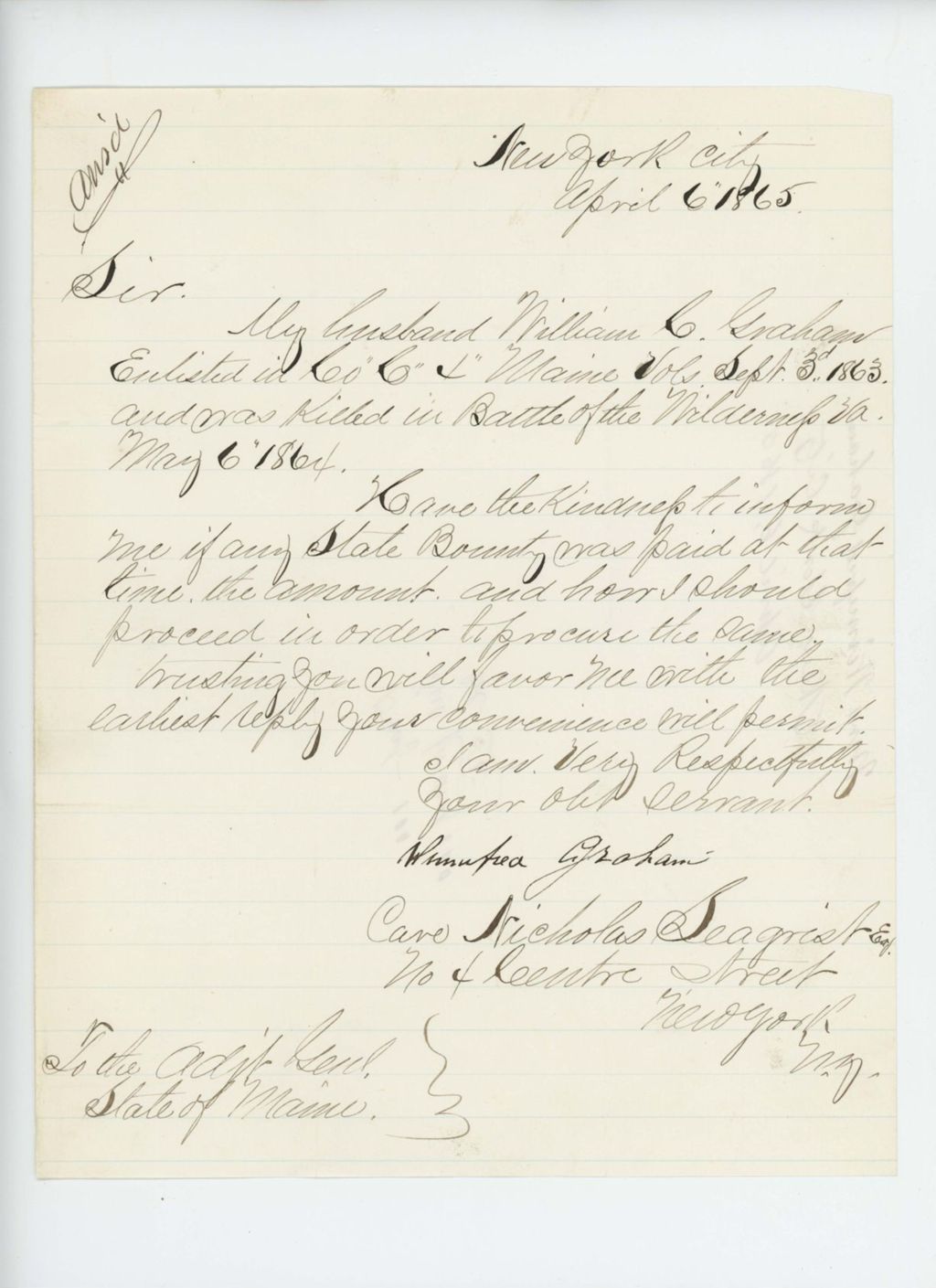 Miniature of Winnifred Graham requests information about state bounty payments for her late husband William