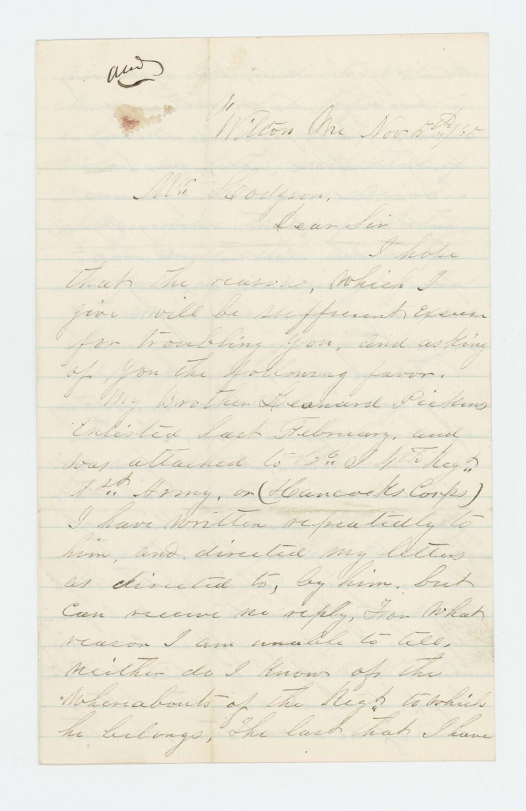 Miniature of Elisha Pickens inquires about his brother Leanard