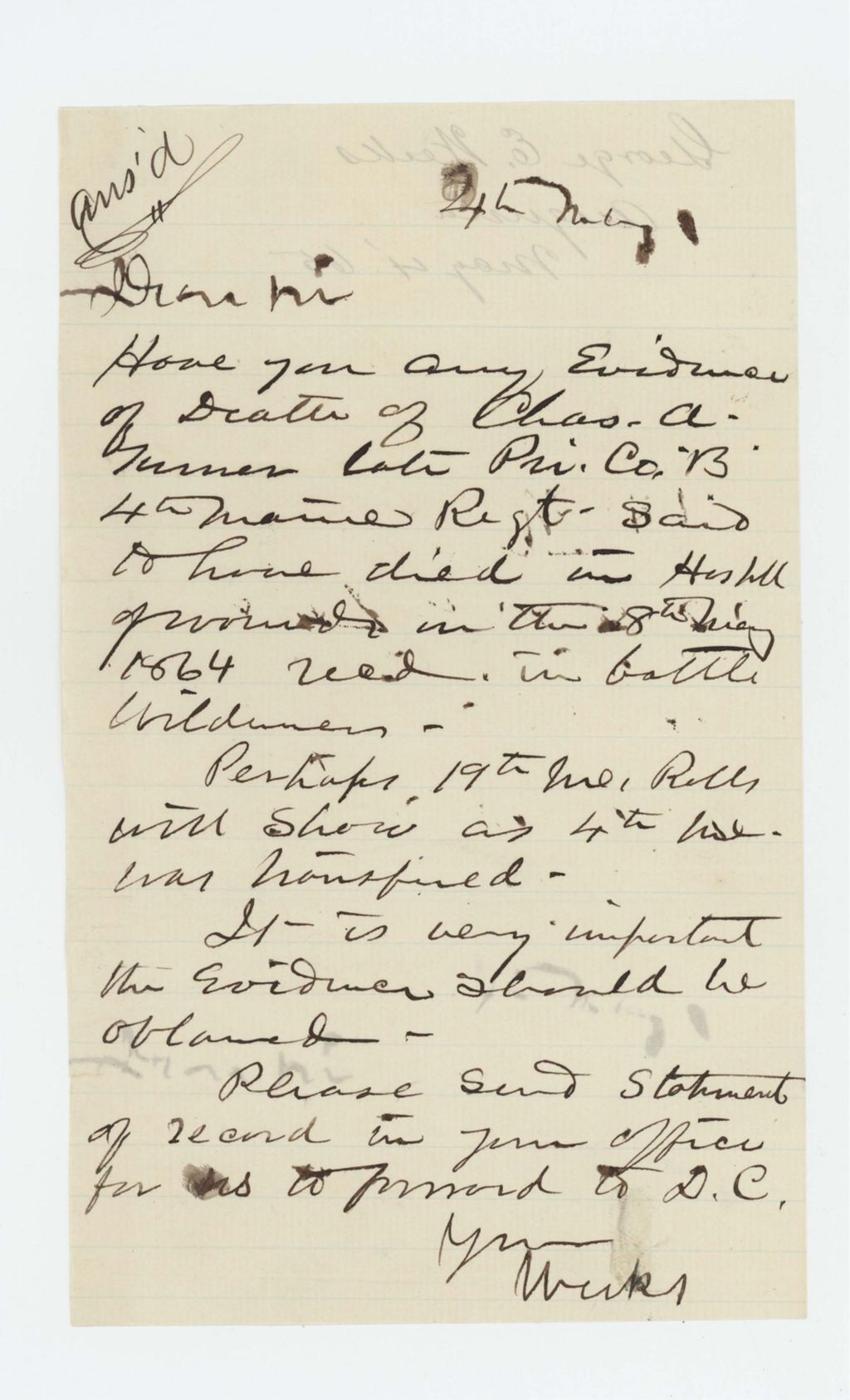Miniature of George E. Weeks seeks evidence of the death of Charles A. Turner of Company B