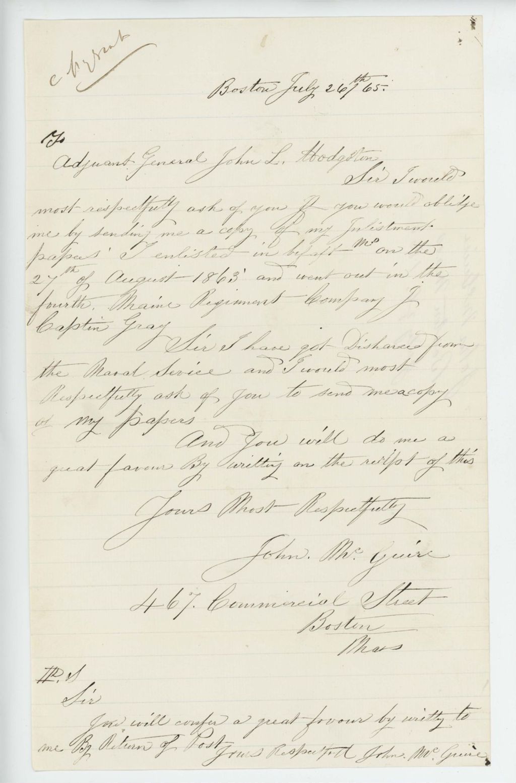 Miniature of John McGuire requests a copy of his enlistment papers